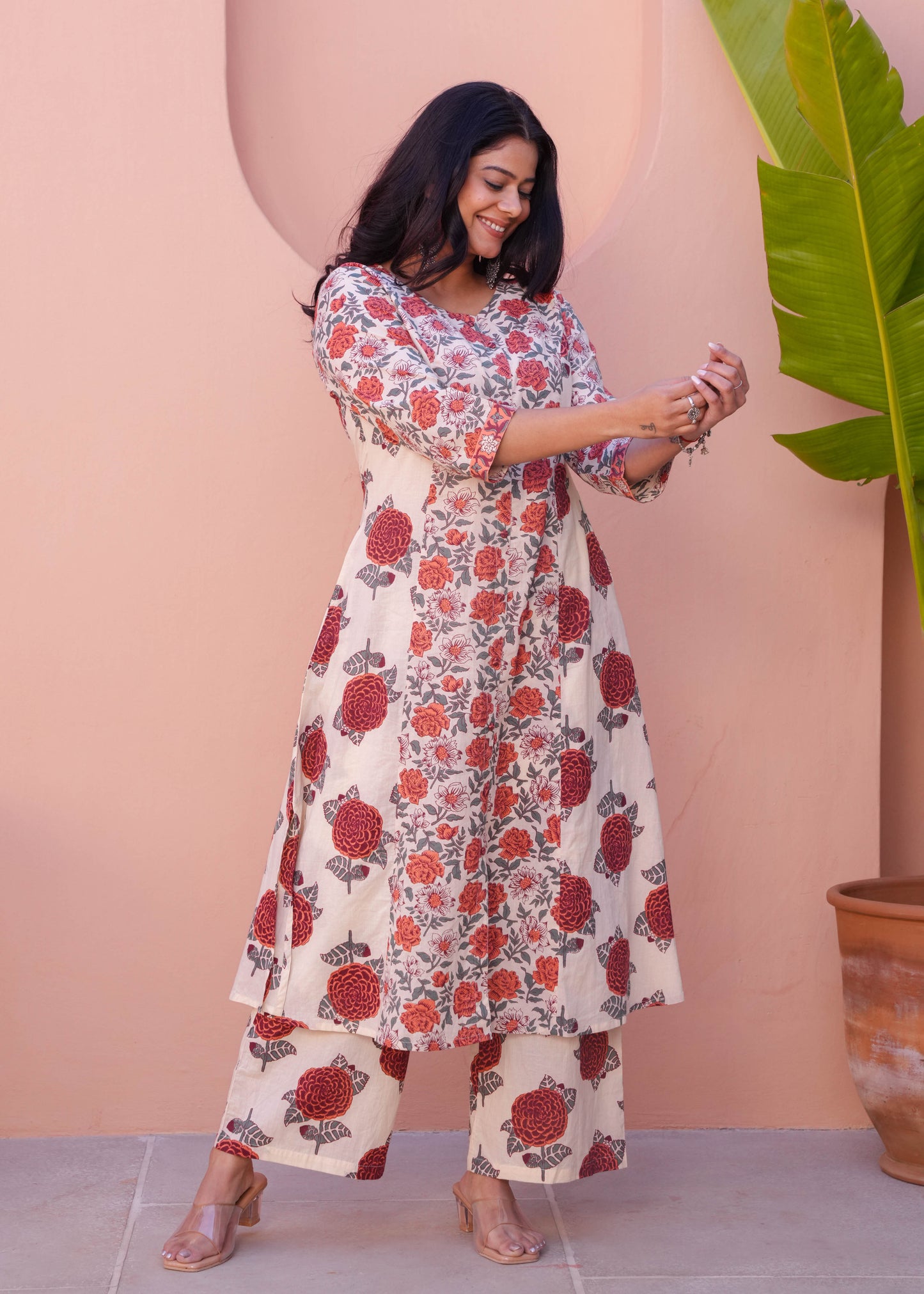 Soft Cotton Floral A-line Orange Kurta