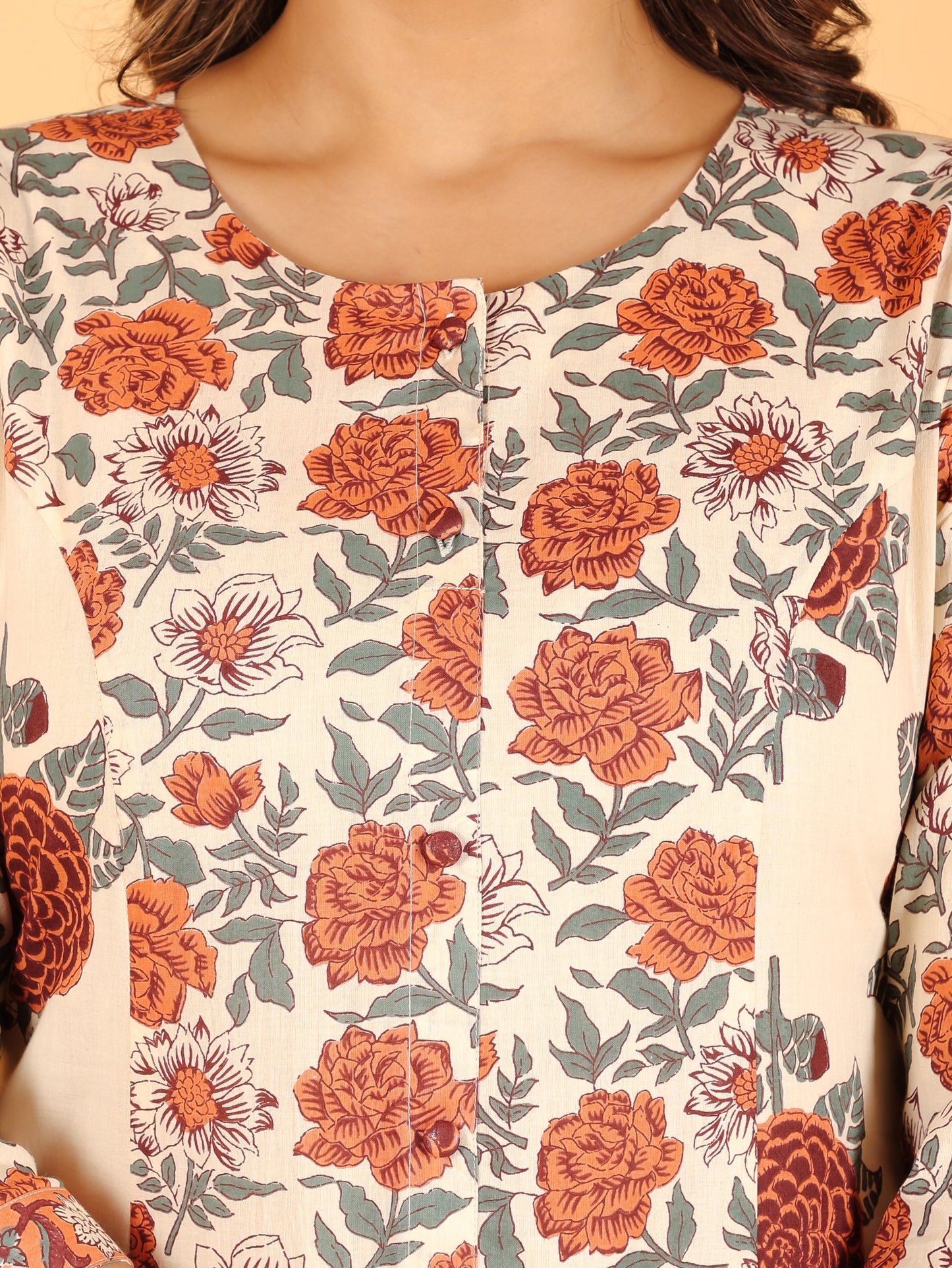 Soft Cotton Floral A-line Orange Kurta