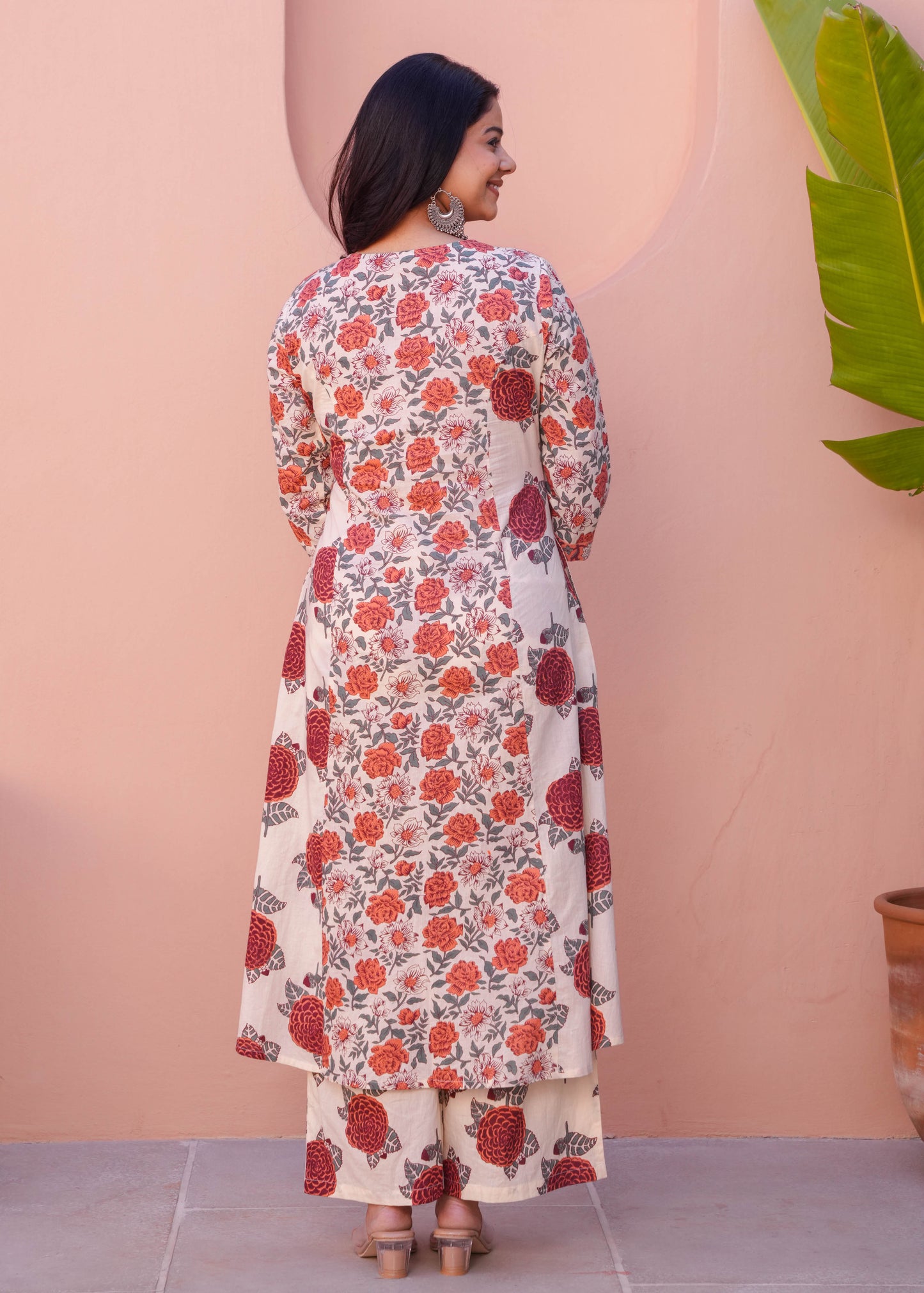 Soft Cotton Floral A-line Orange Kurta