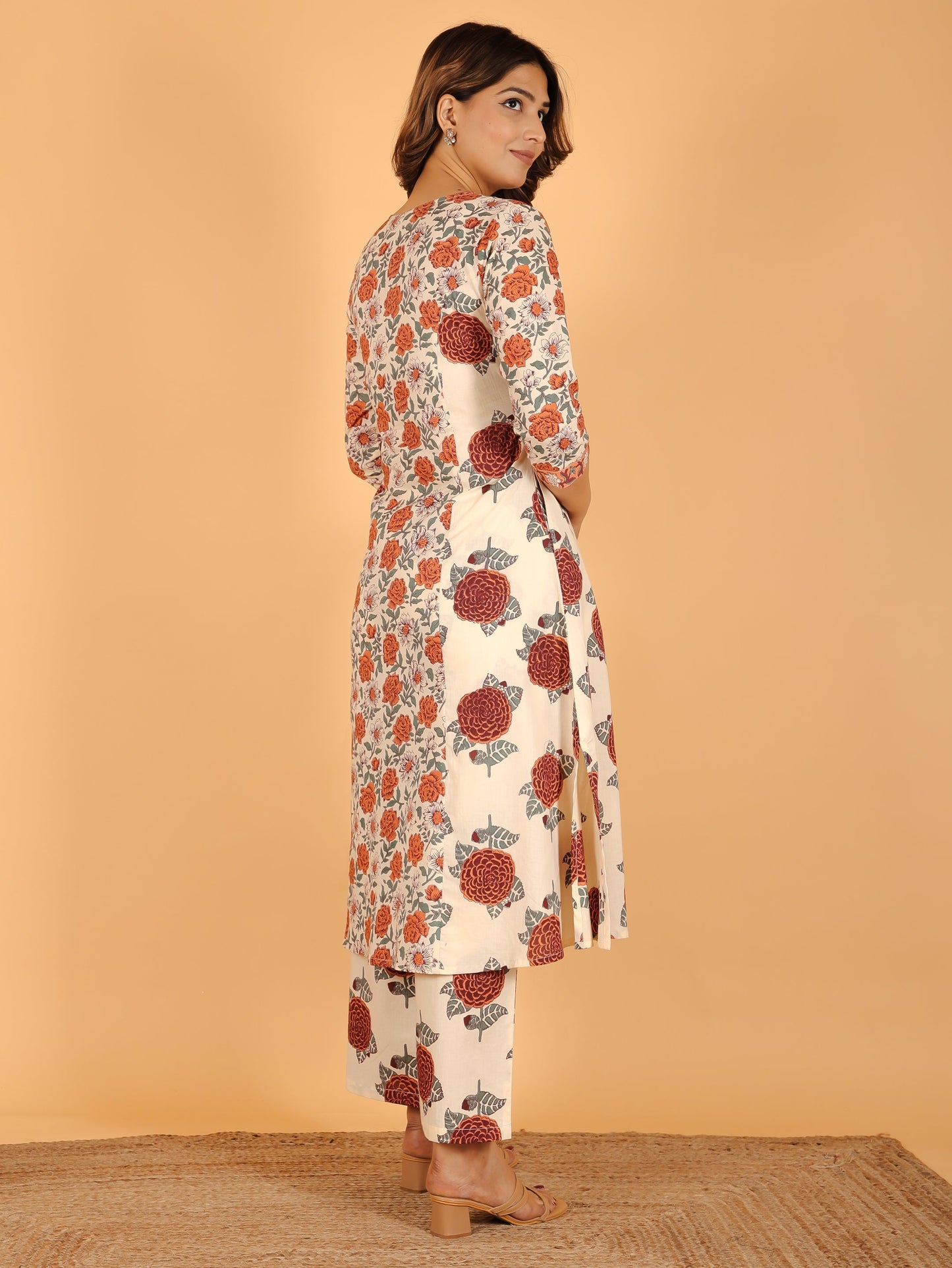 Soft Cotton Floral A-line Orange Kurta