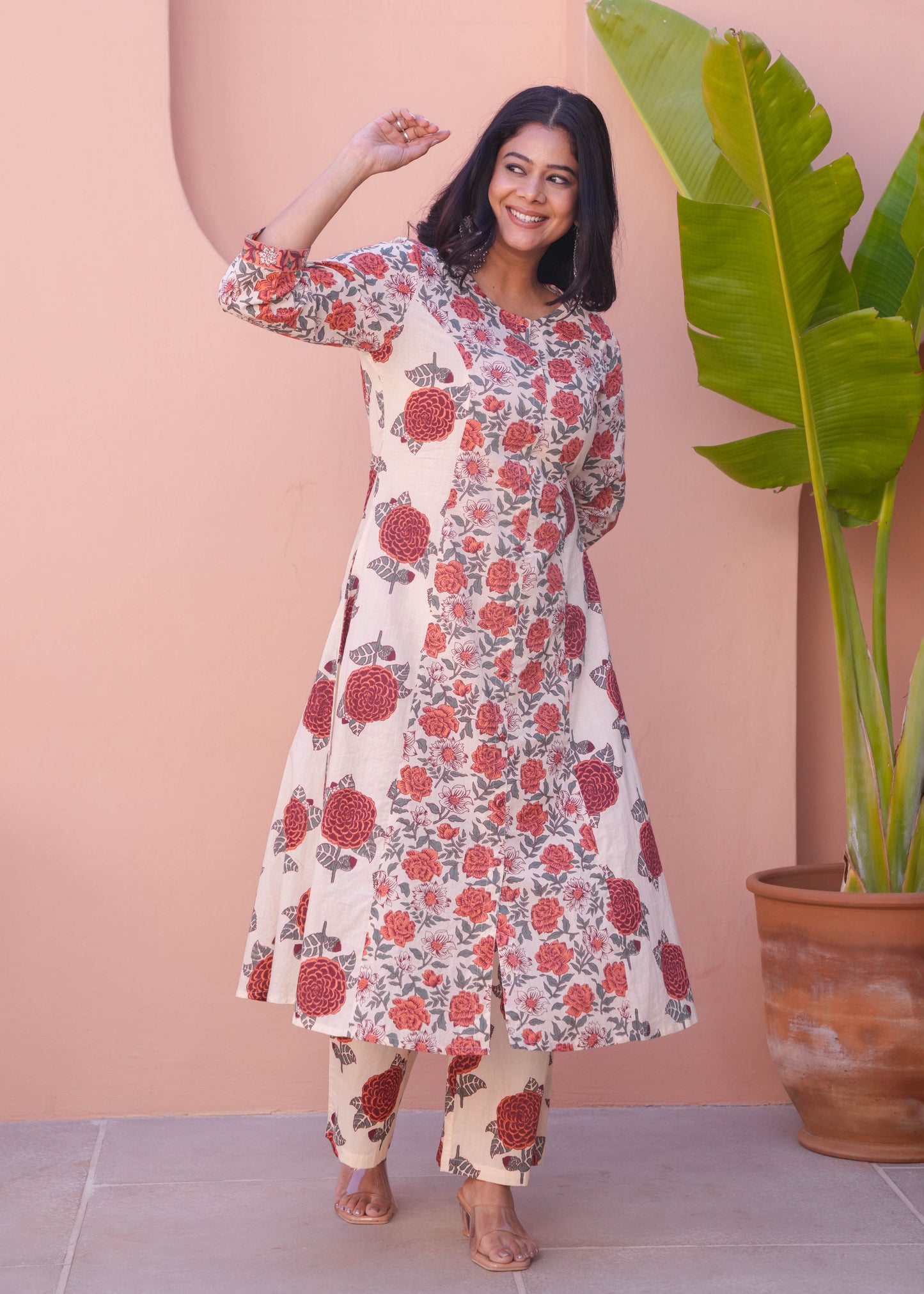 Soft Cotton Floral A-line Orange Kurta