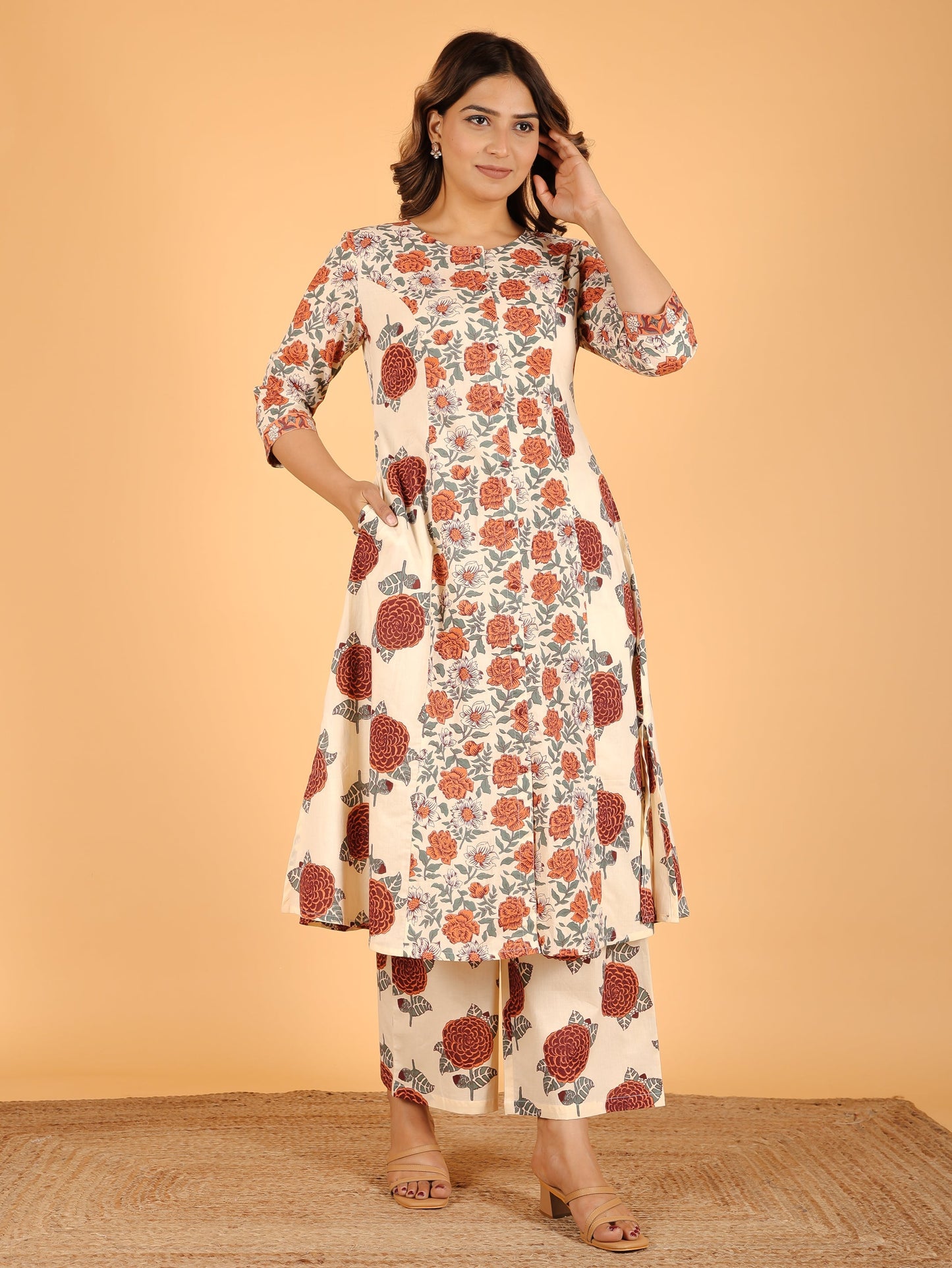 Soft Cotton Floral A-line Orange Kurta