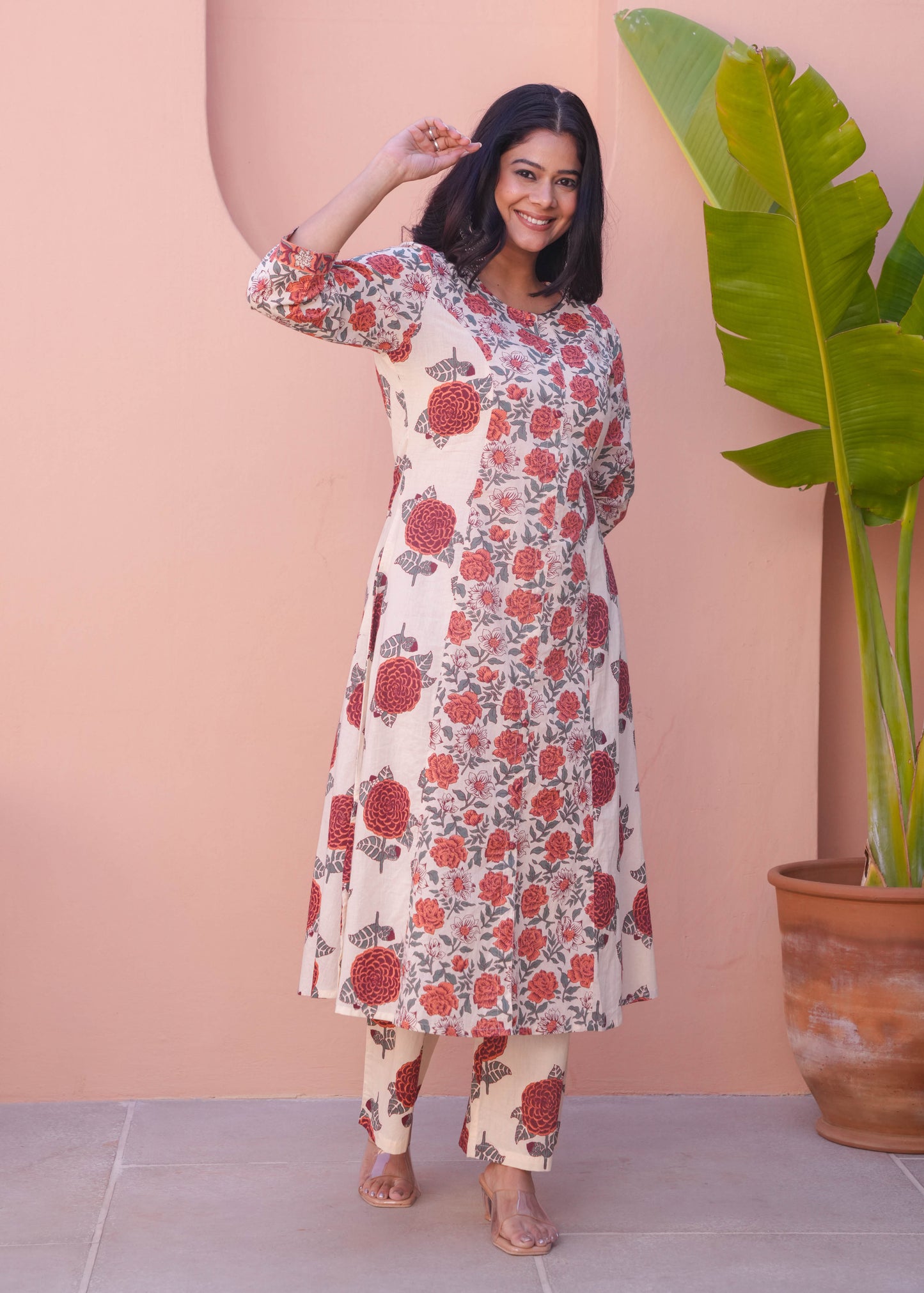 Soft Cotton Floral A-line Orange Kurta