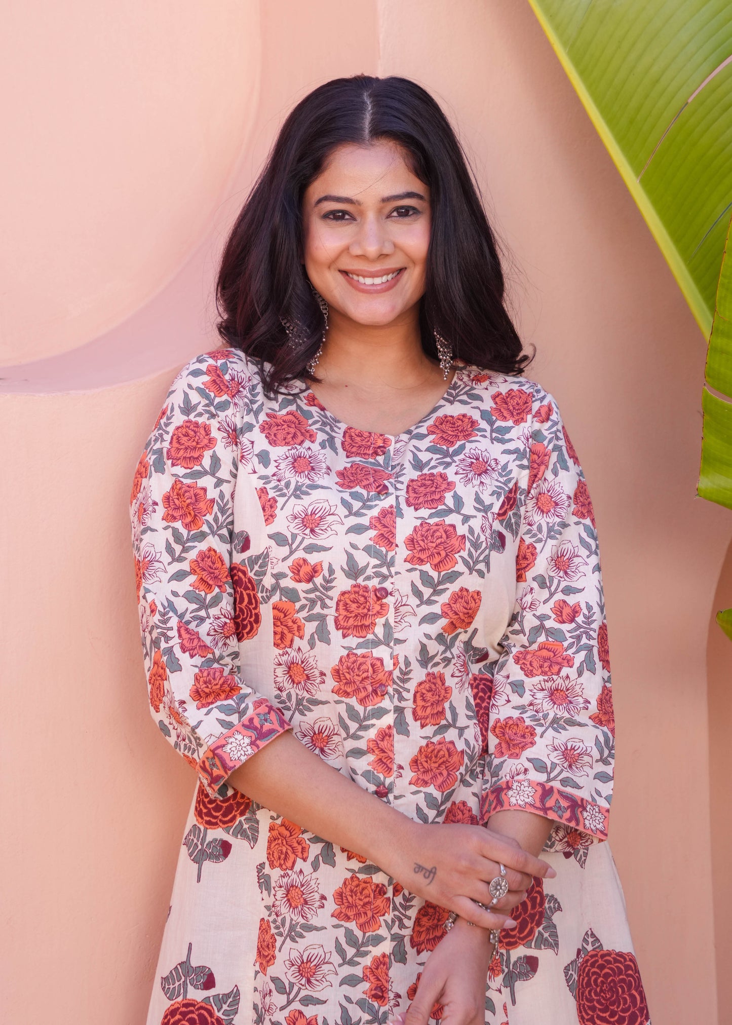 Soft Cotton Floral A-line Orange Kurta