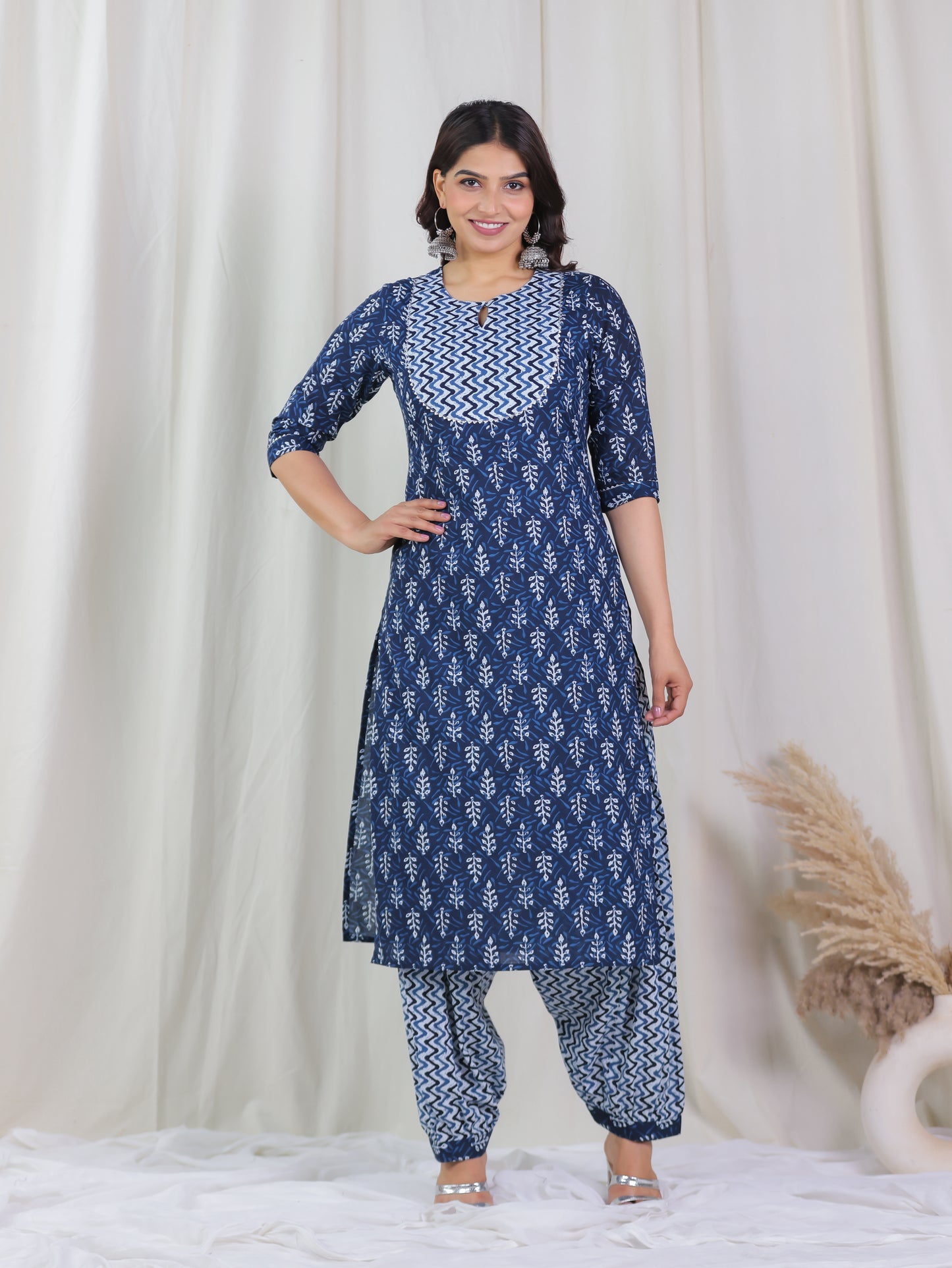 Soft Cotton Floral Straight Indigo Blue Kurta