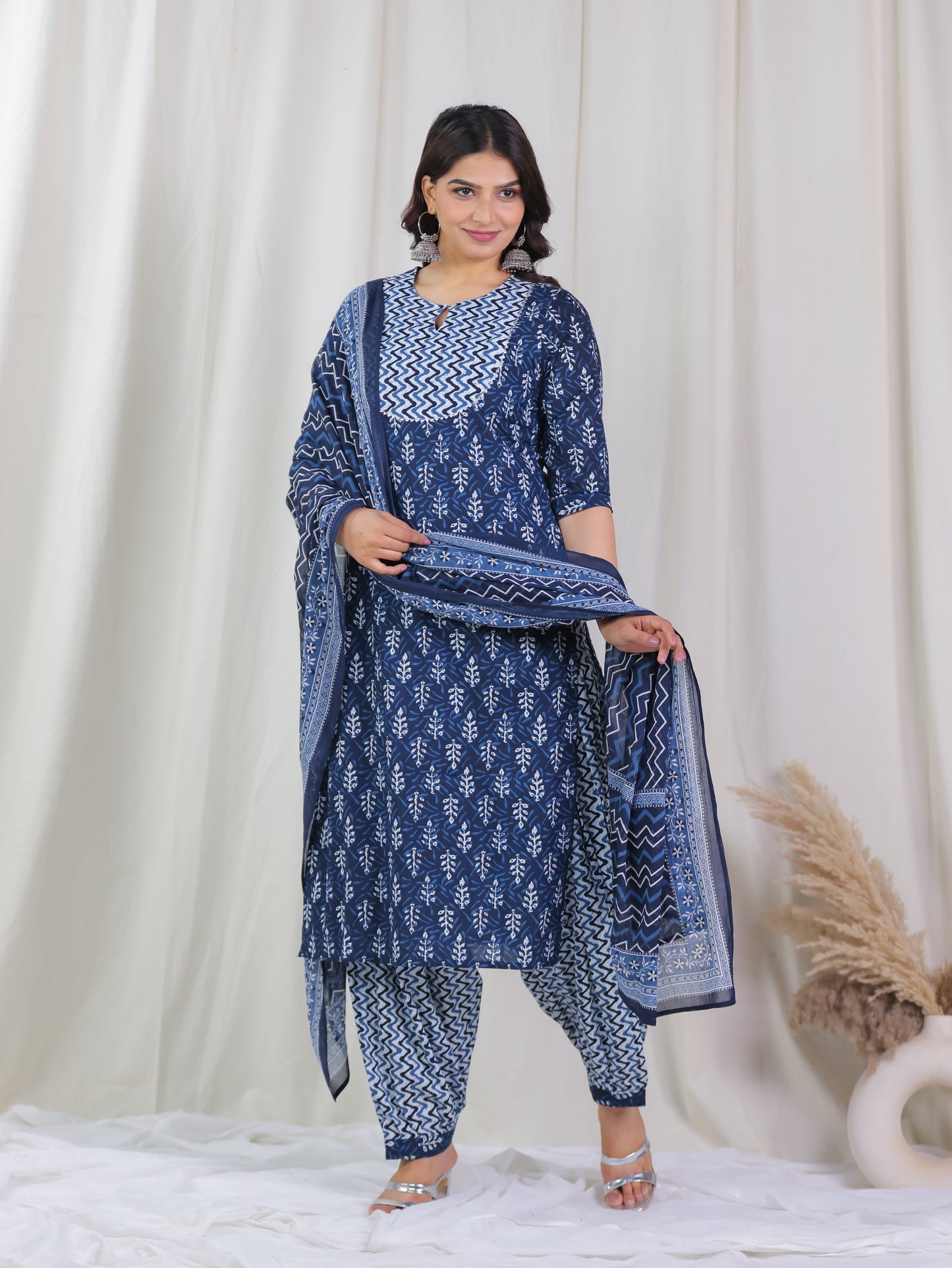 Soft Cotton Floral Straight Indigo Blue Kurta