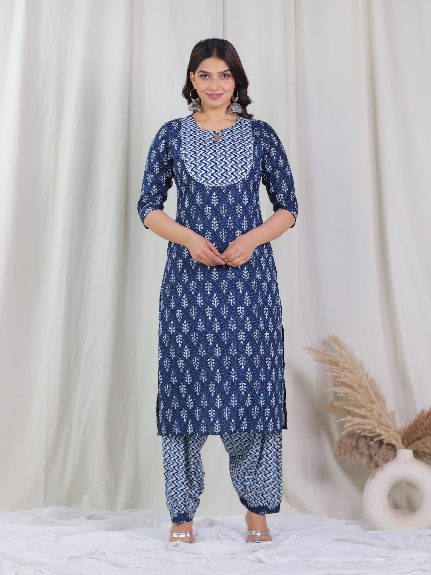 Soft Cotton Floral Straight Indigo Blue Kurta
