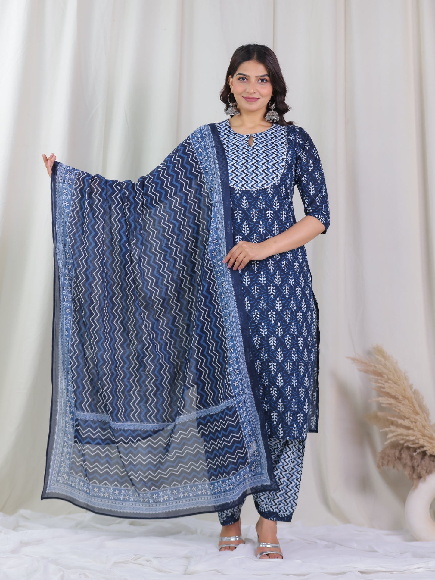 Soft Cotton Floral Straight Indigo Blue Kurta