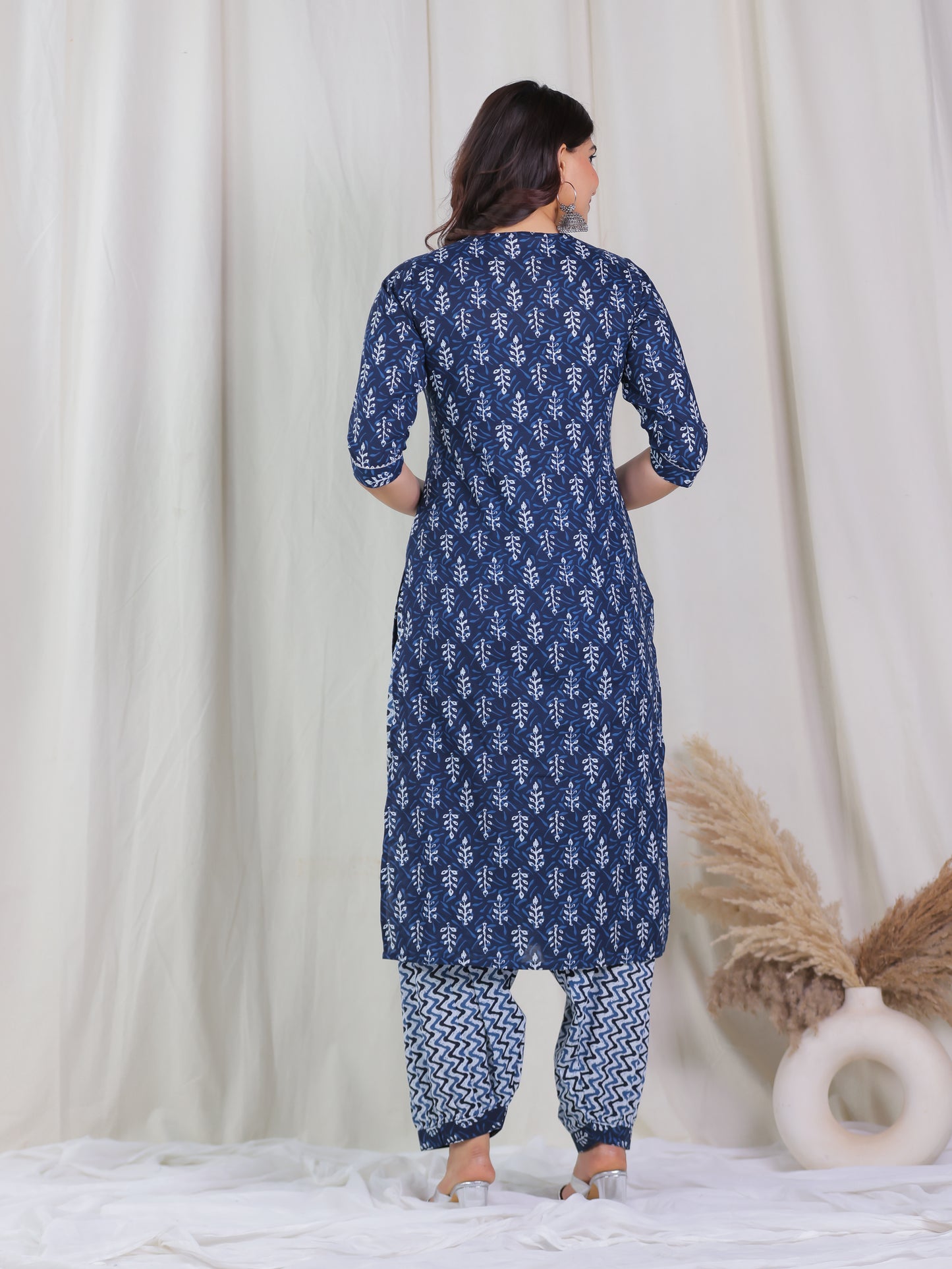 Soft Cotton Floral Straight Indigo Blue Kurta