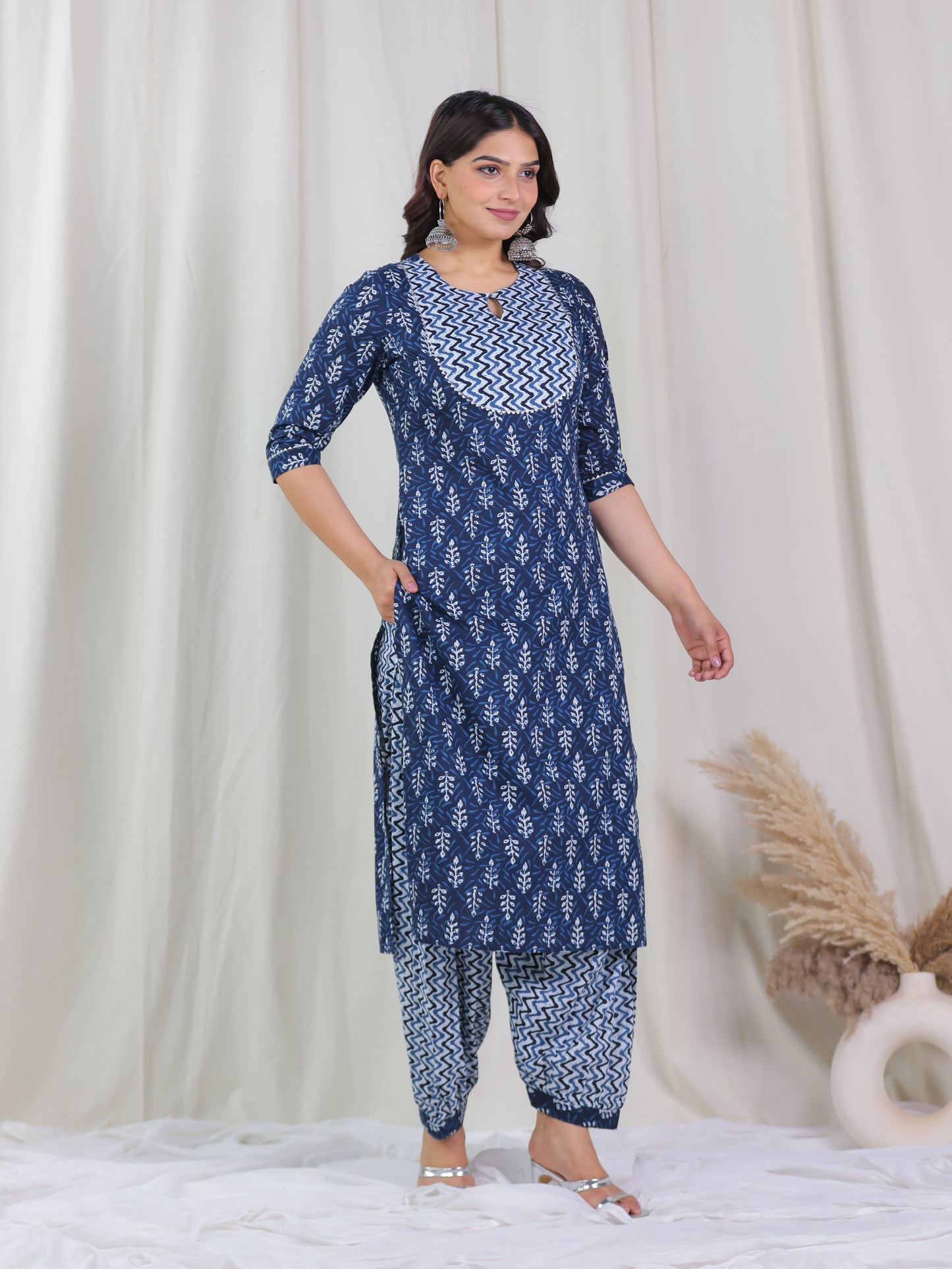 Soft Cotton Floral Straight Indigo Blue Kurta