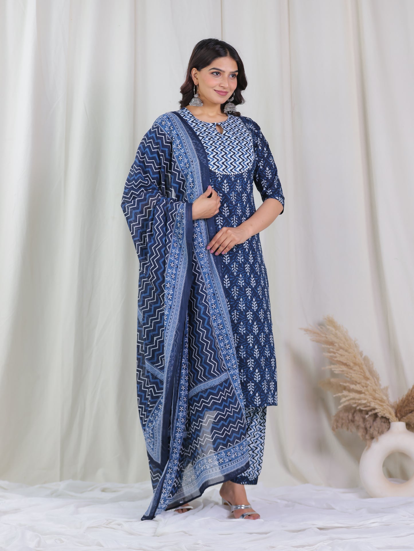 Soft Cotton Floral Straight Indigo Blue Kurta