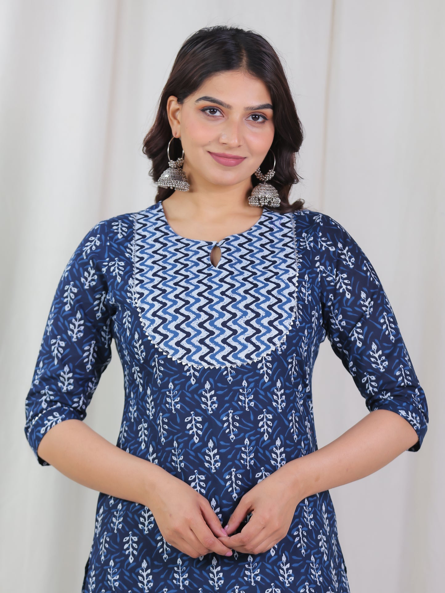 Soft Cotton Floral Straight Indigo Blue Kurta