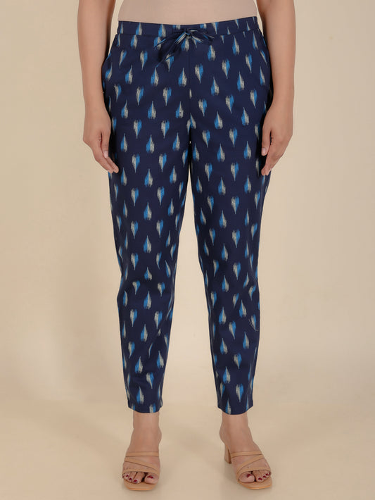 Soft Cotton Ikat Blue Tapered Trousers