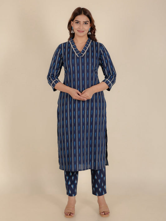 Soft Cotton Striped Straight Blue Kurta