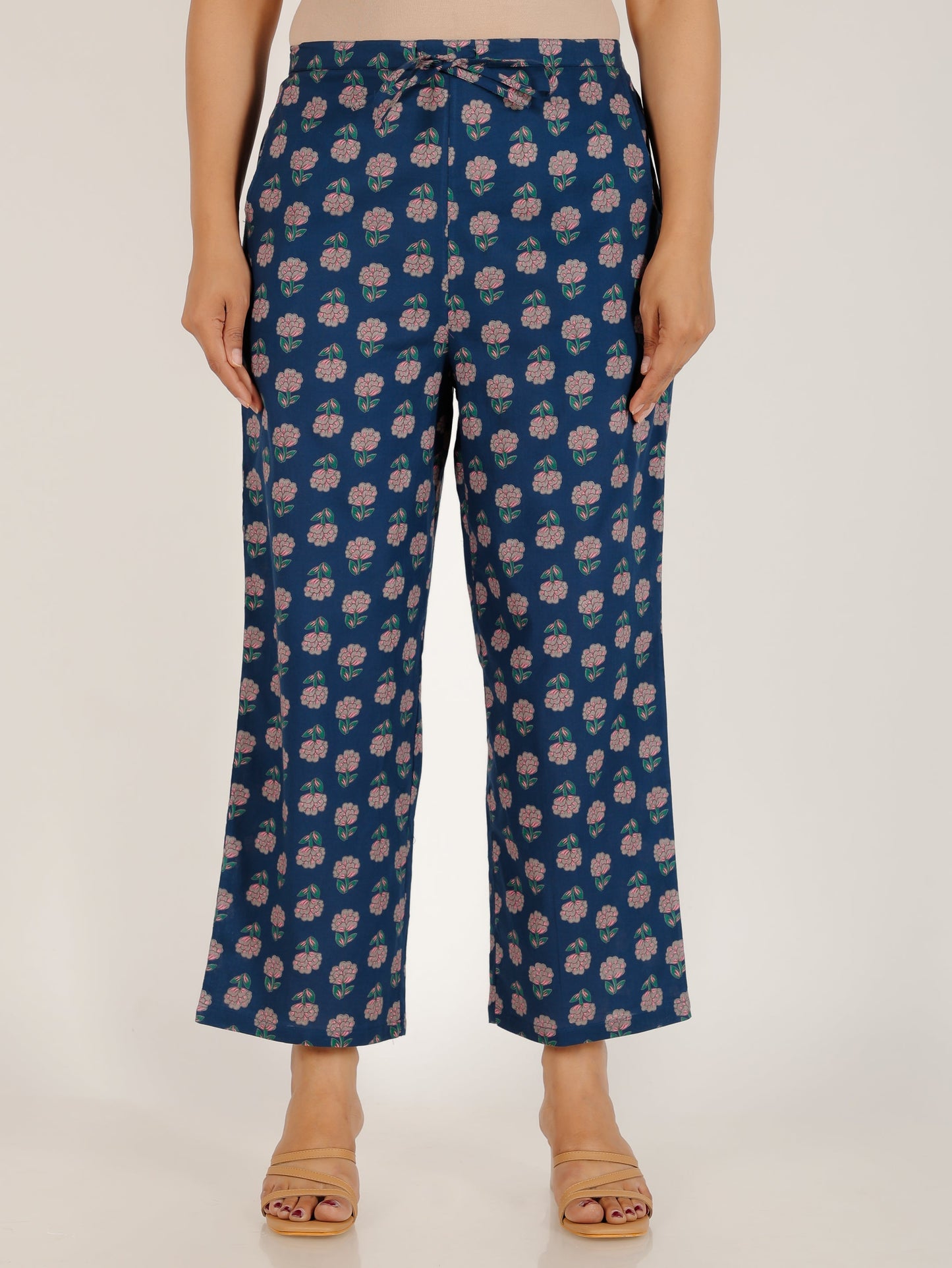 Soft Cotton Floral Blue Straight Trousers