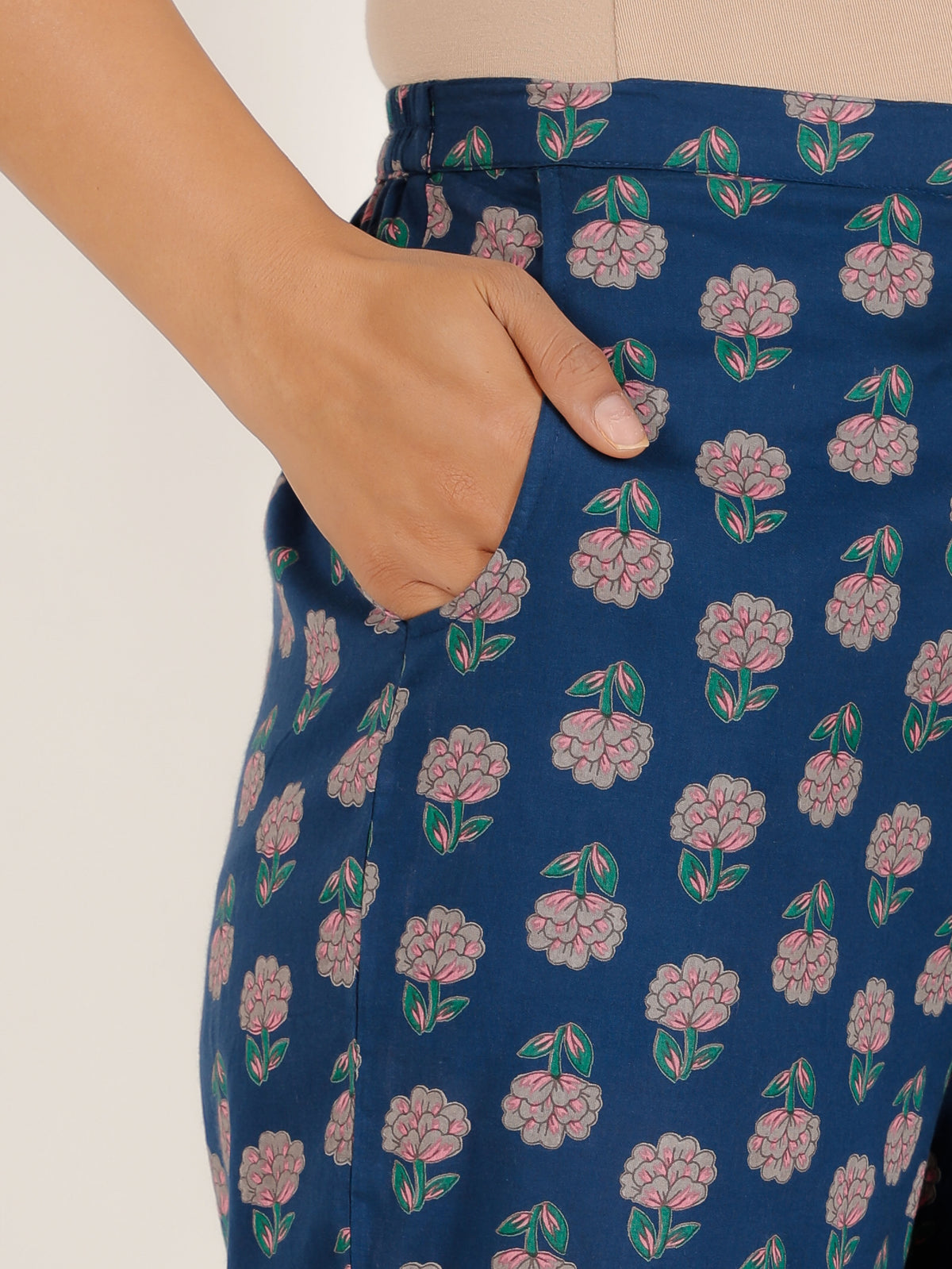 Soft Cotton Floral Blue Straight Trousers
