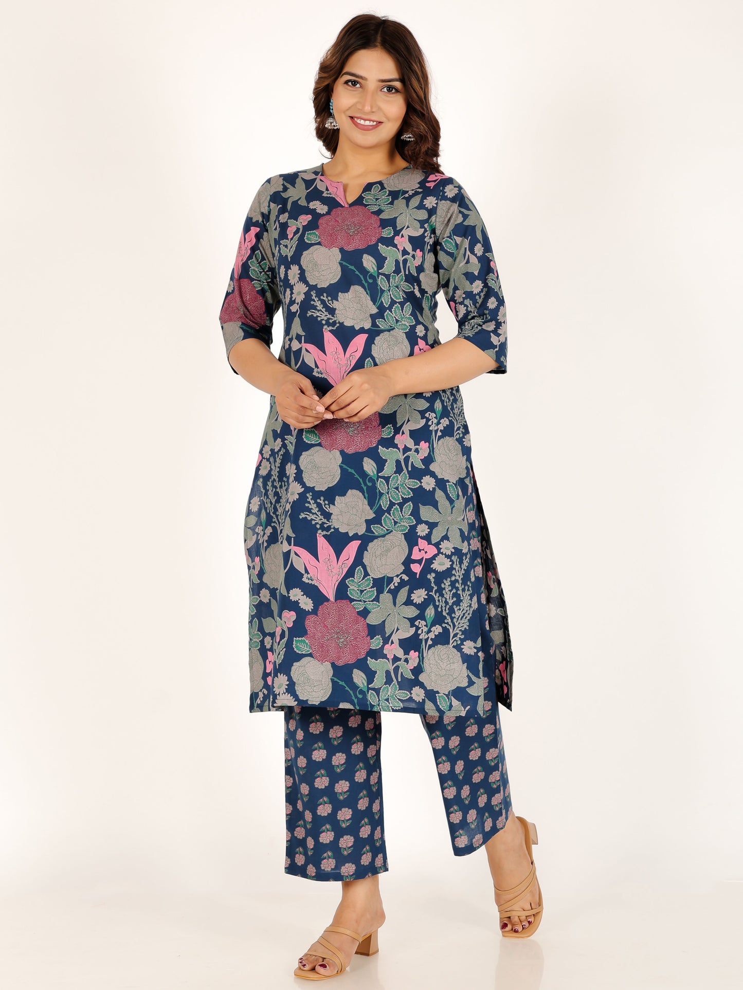 Soft Cotton Floral Straight Blue Kurta
