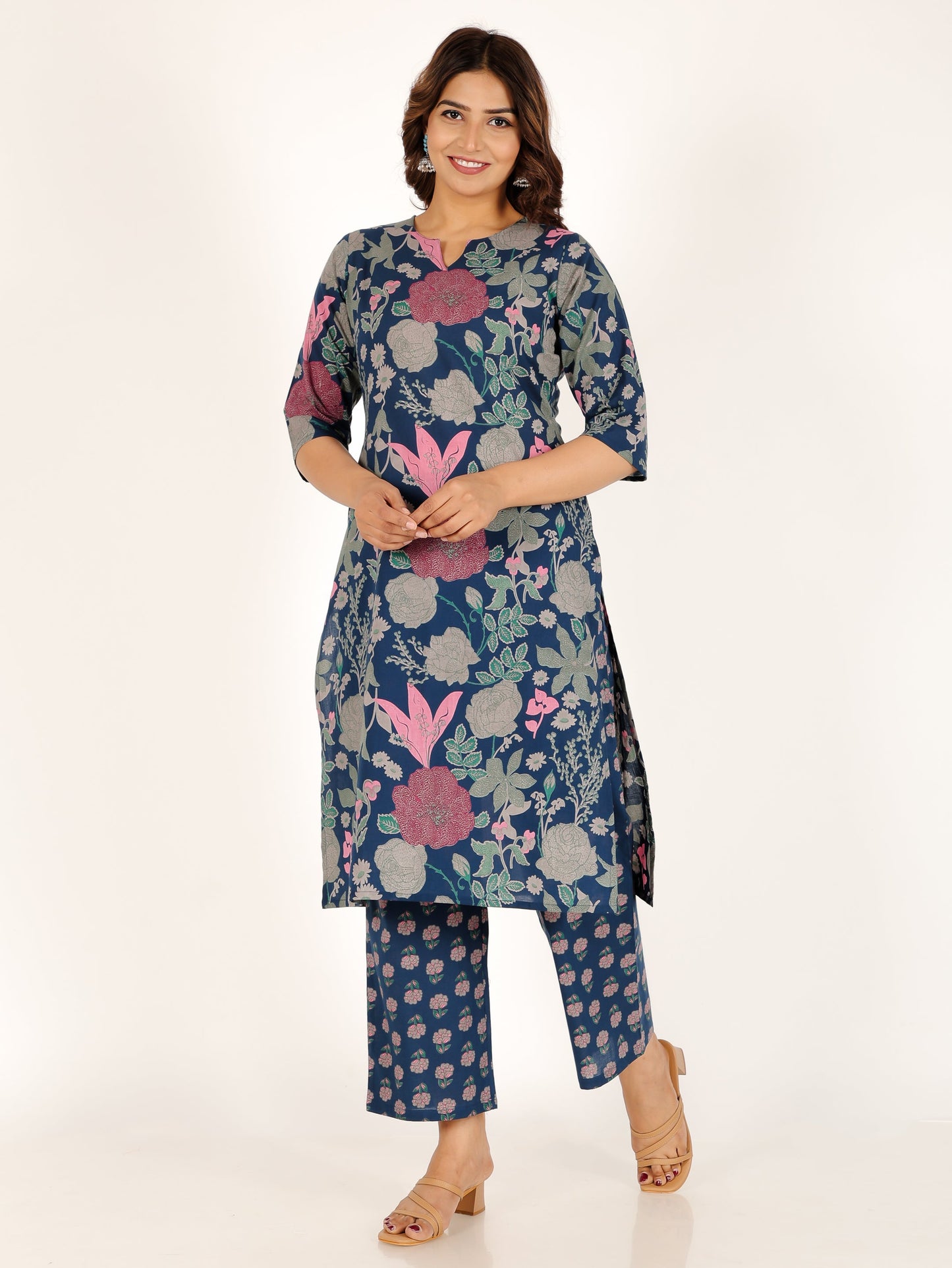 Soft Cotton Floral Straight Blue Kurta