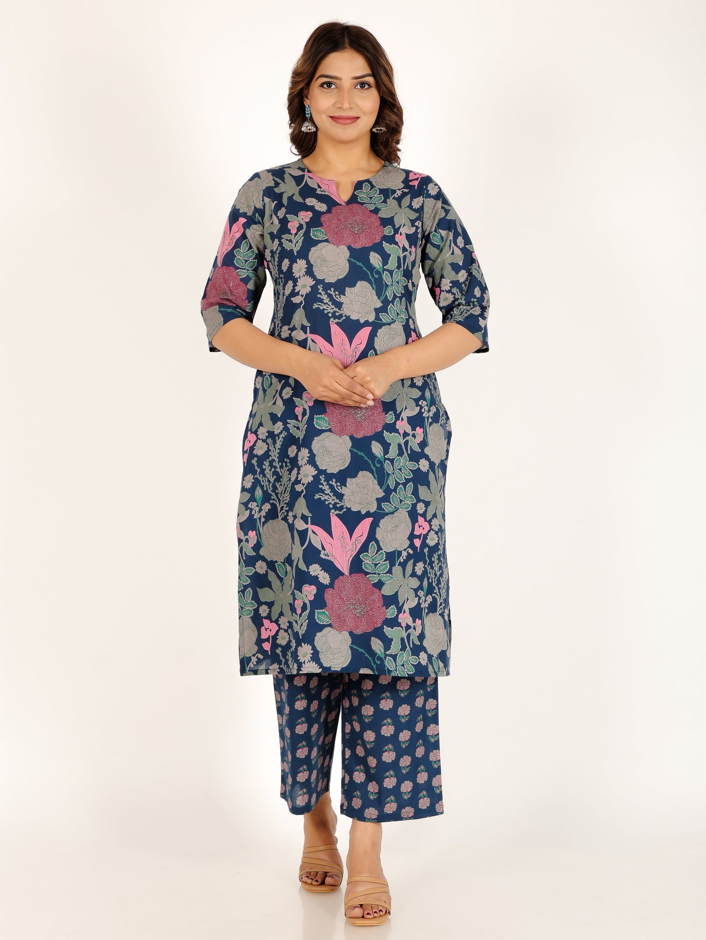 Soft Cotton Floral Straight Blue Kurta