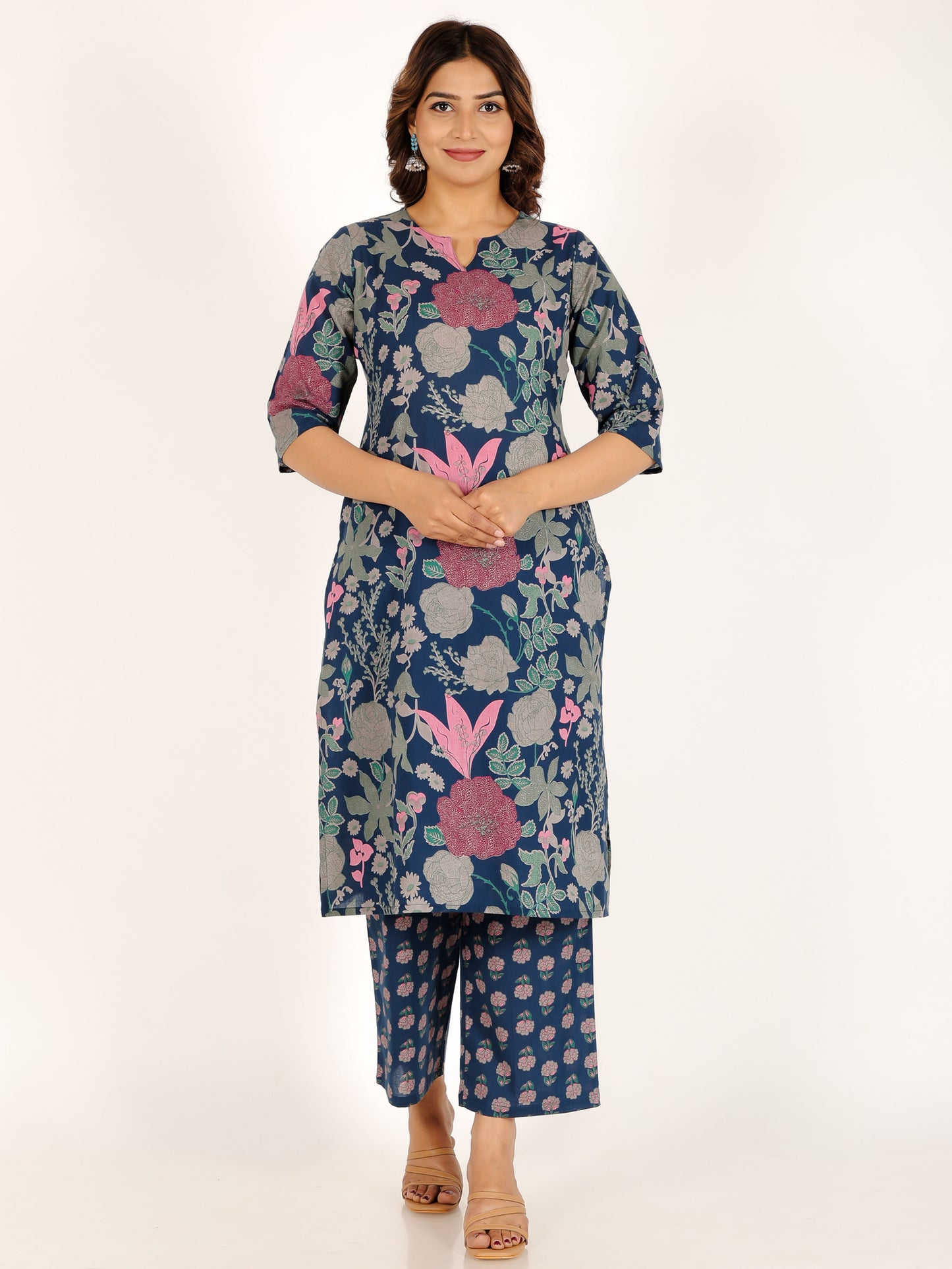 Soft Cotton Floral Straight Blue Kurta