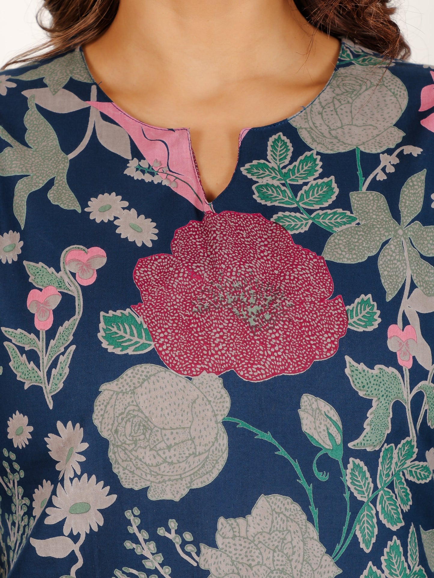 Soft Cotton Floral Straight Blue Kurta
