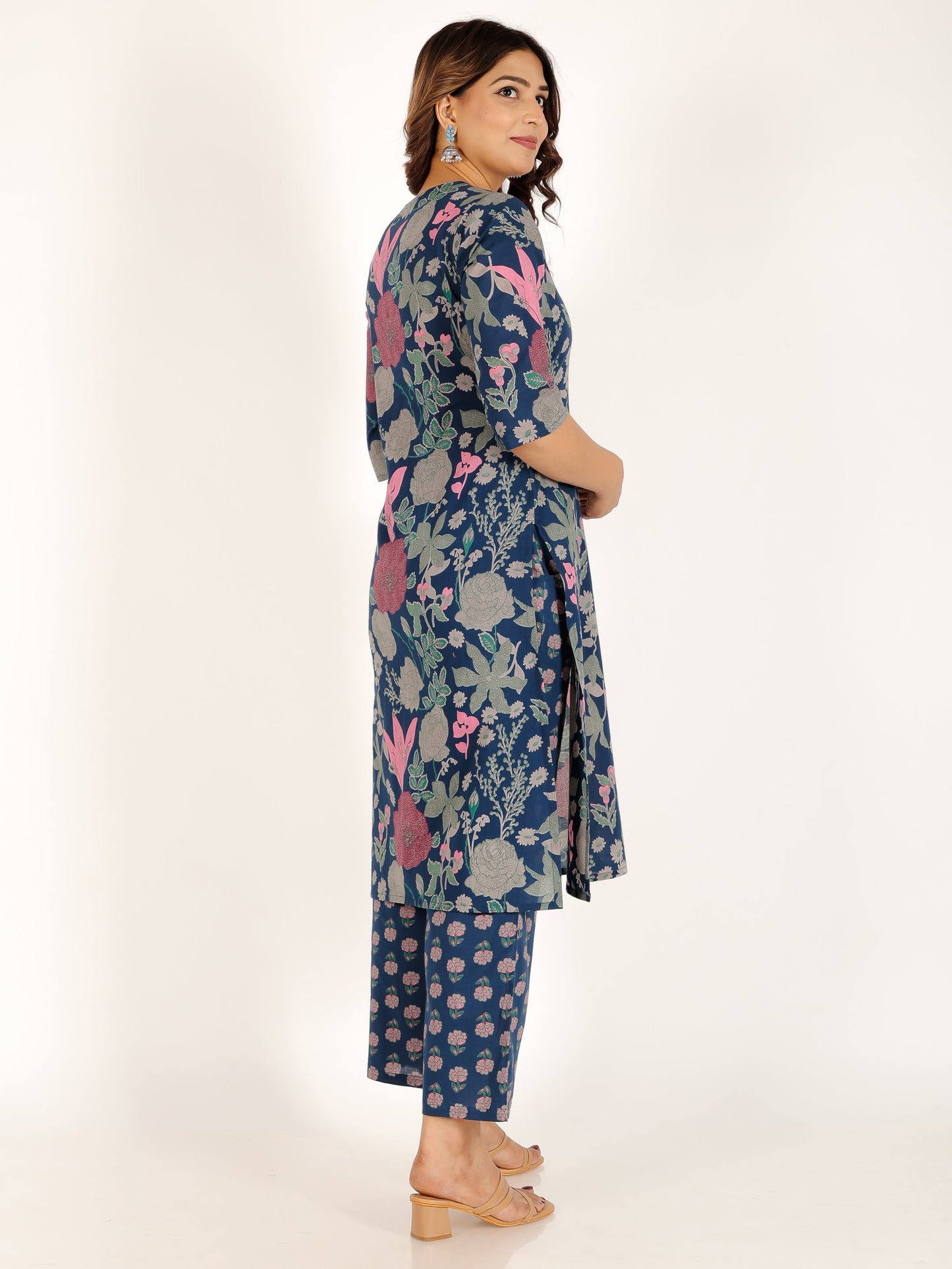 Soft Cotton Floral Straight Blue Kurta