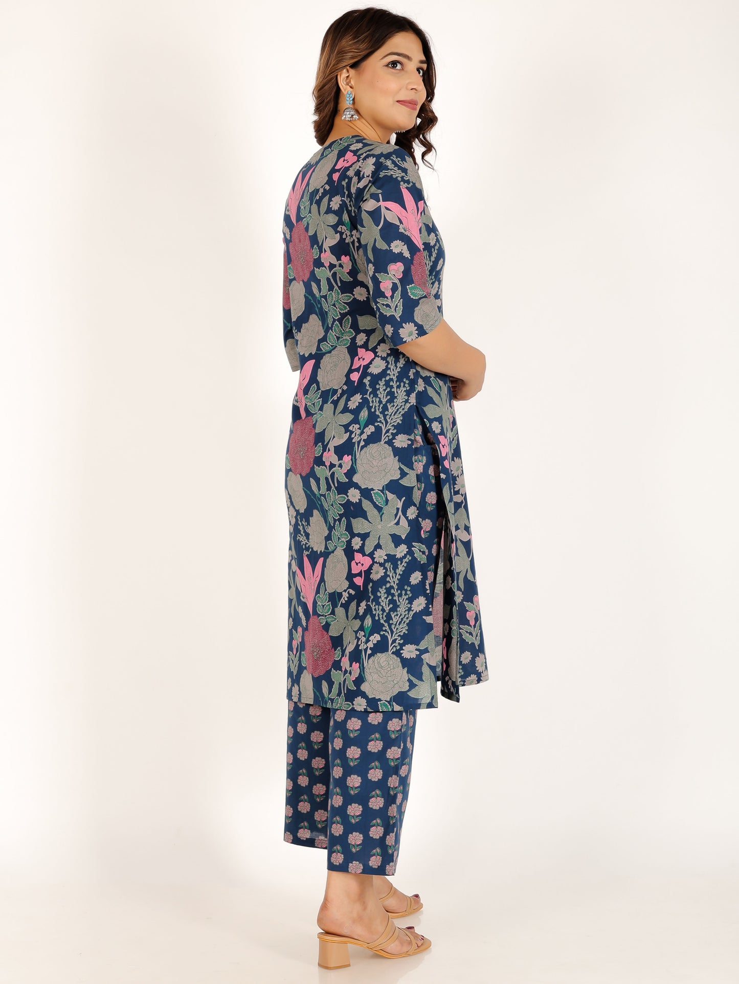 Soft Cotton Floral Straight Blue Kurta