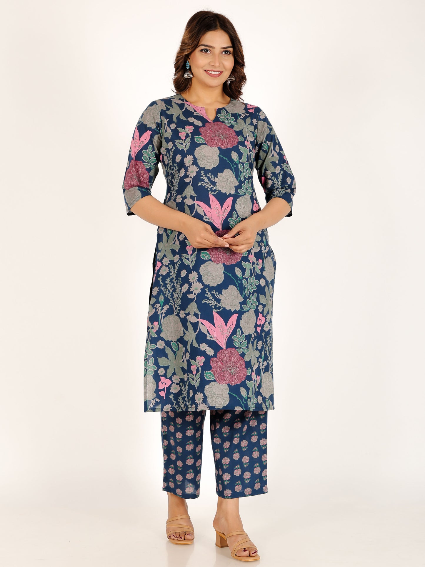 Soft Cotton Floral Straight Blue Kurta