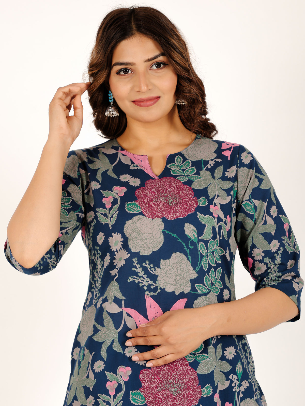 Soft Cotton Floral Straight Blue Kurta