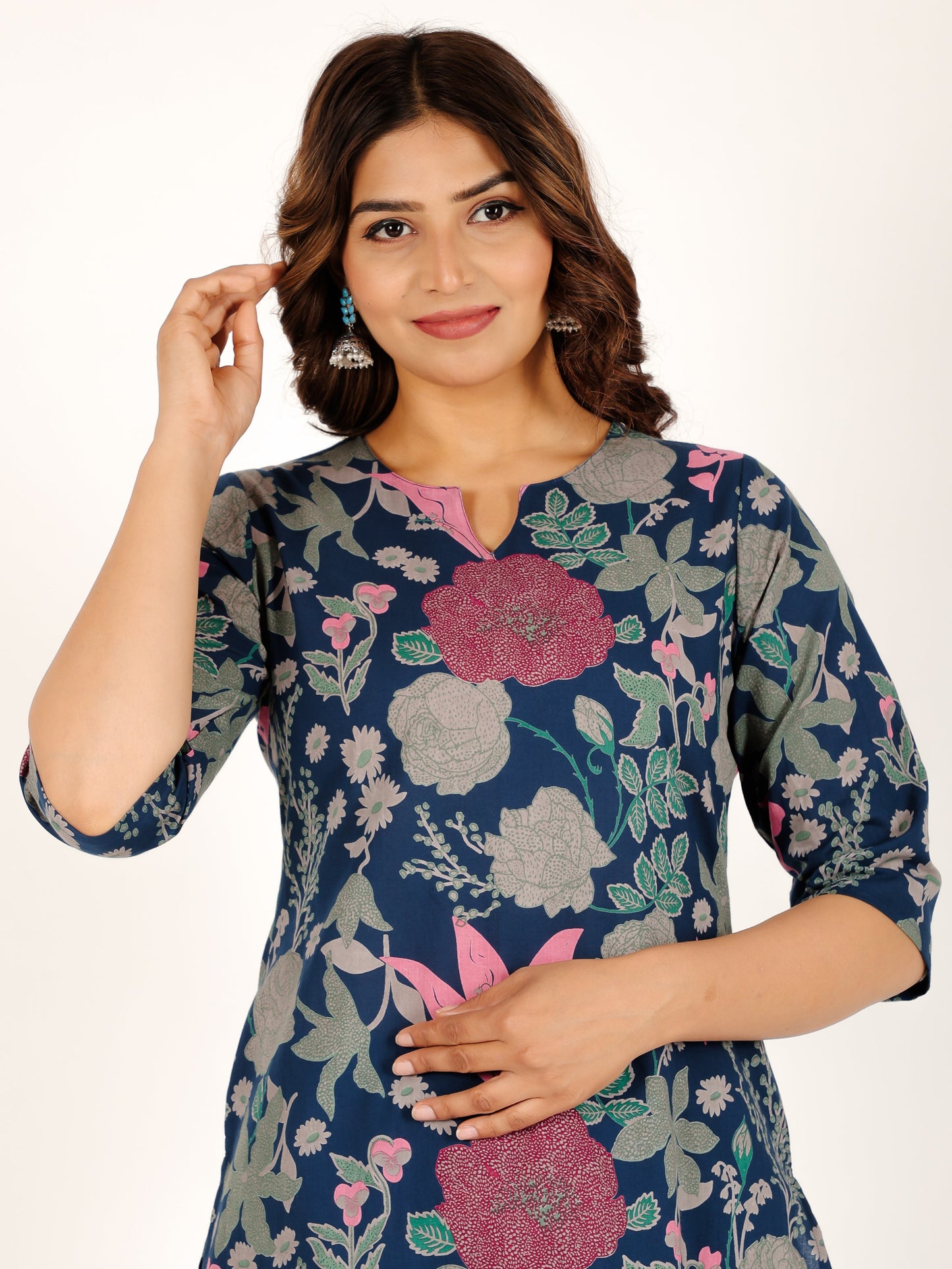Soft Cotton Floral Straight Blue Kurta