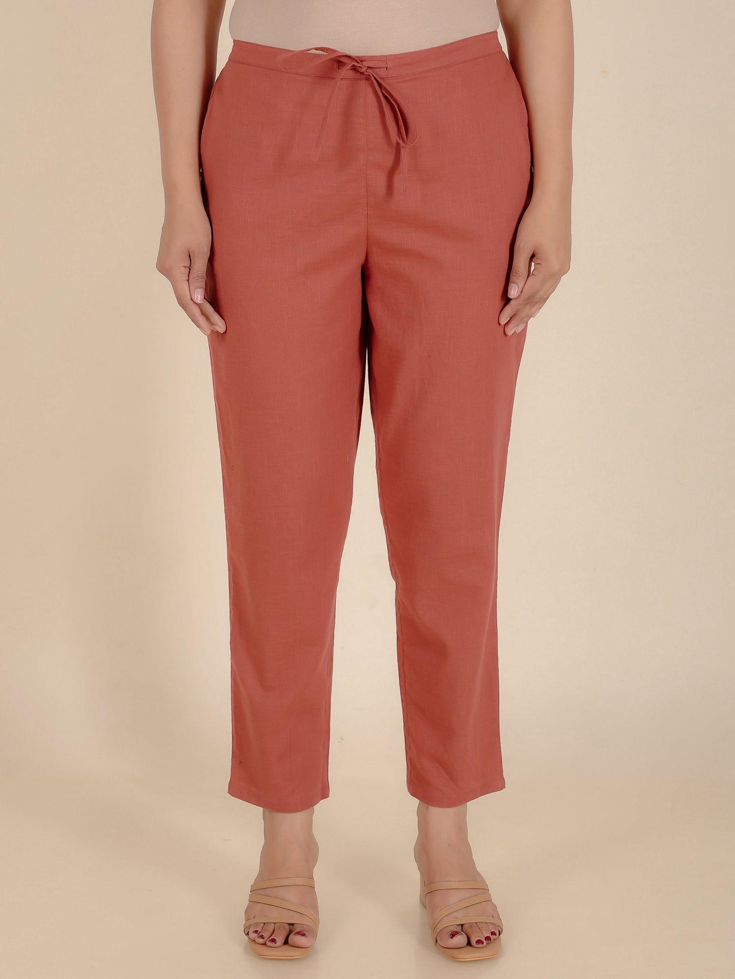 Natural Cotton Solid Rust Tapered Trousers