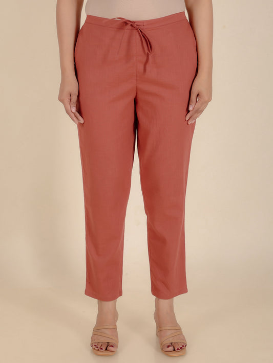 Natural Cotton Solid Rust Tapered Trousers