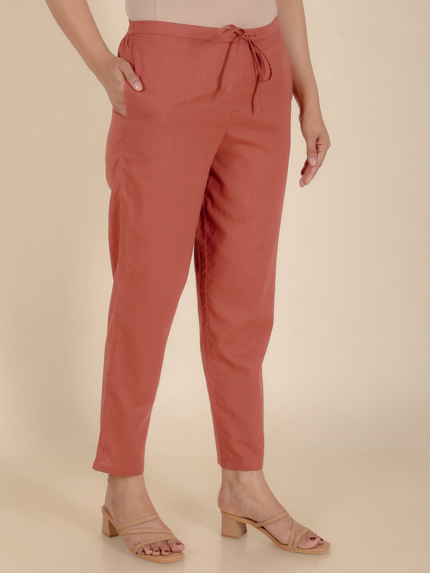 Natural Cotton Solid Rust Tapered Trousers