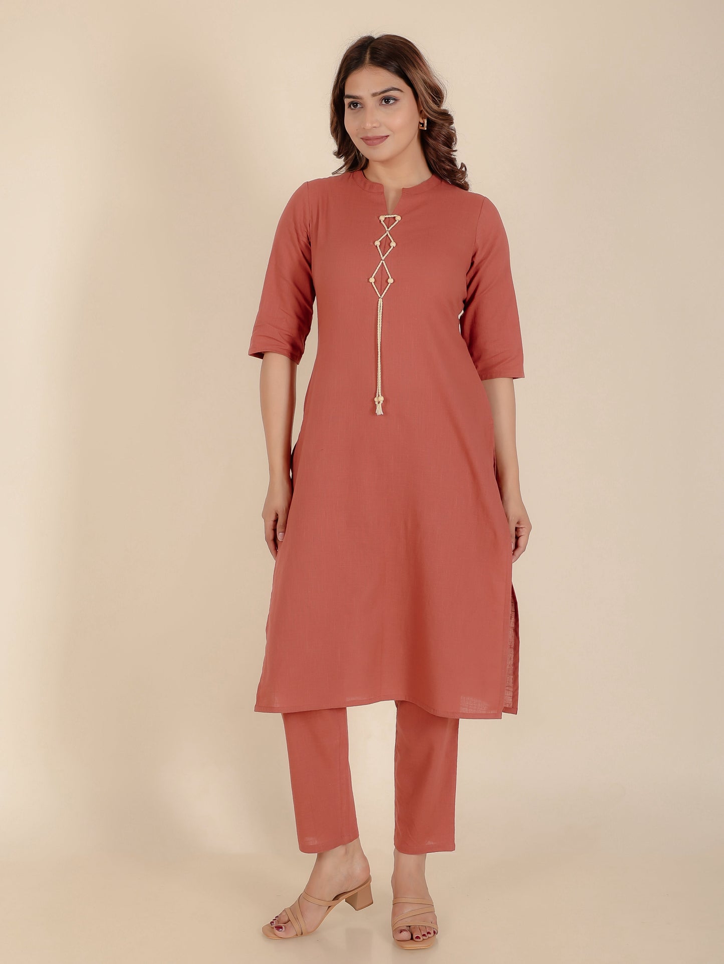 Natural Cotton Solid Straight Brown Kurta
