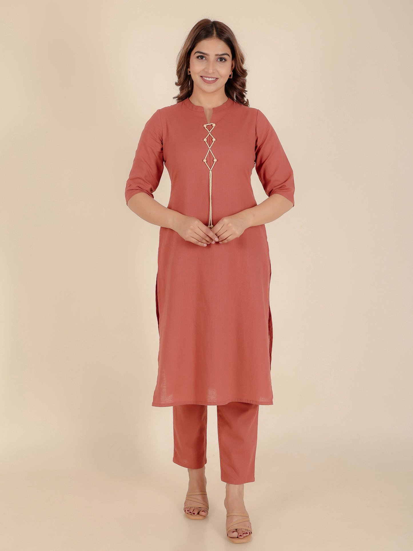 Natural Cotton Solid Straight Brown Kurta