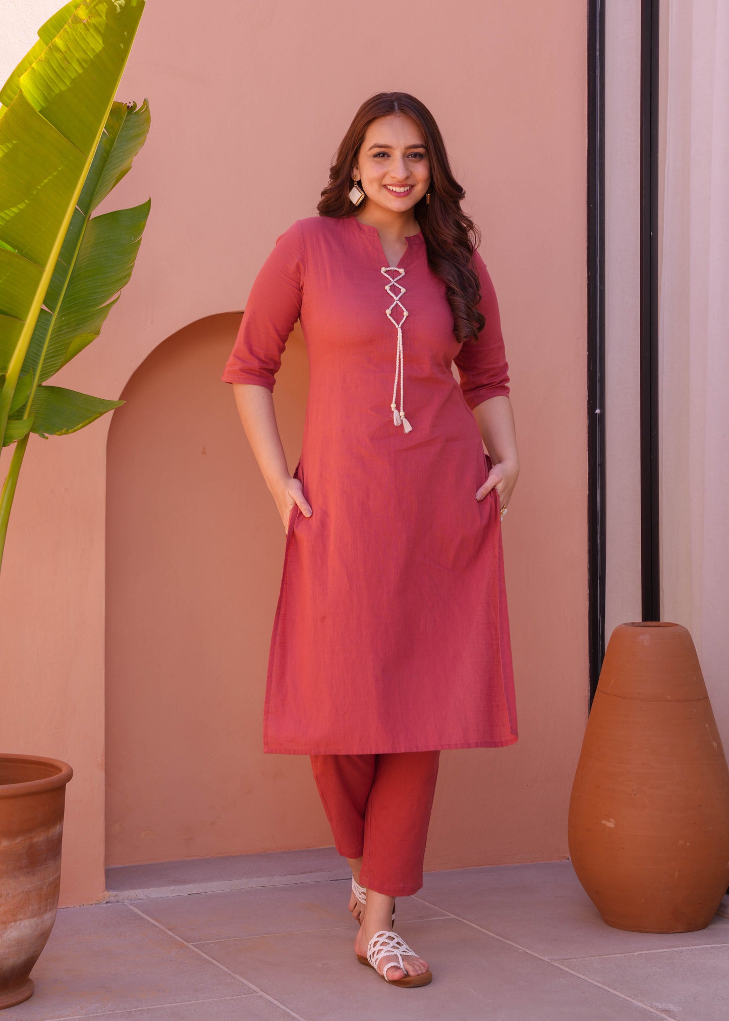 Natural Cotton Solid Straight Rust Kurta