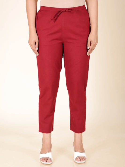 Linen Cotton Solid Maroon Tapered Trousers