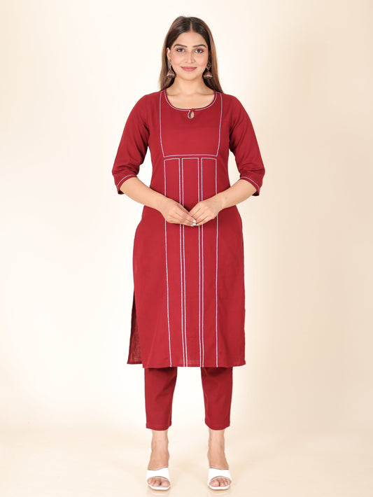 Linen Cotton Solid Panelled Maroon Kurta