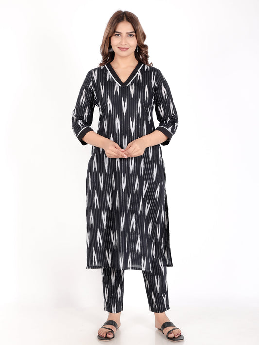 Lurex Cotton Ikat Straight Black Kurta