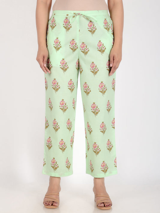 Soft Cotton Floral Green Straight Trousers