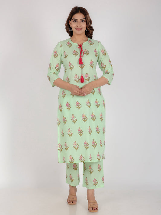 Soft Cotton Floral Straight Green Kurta