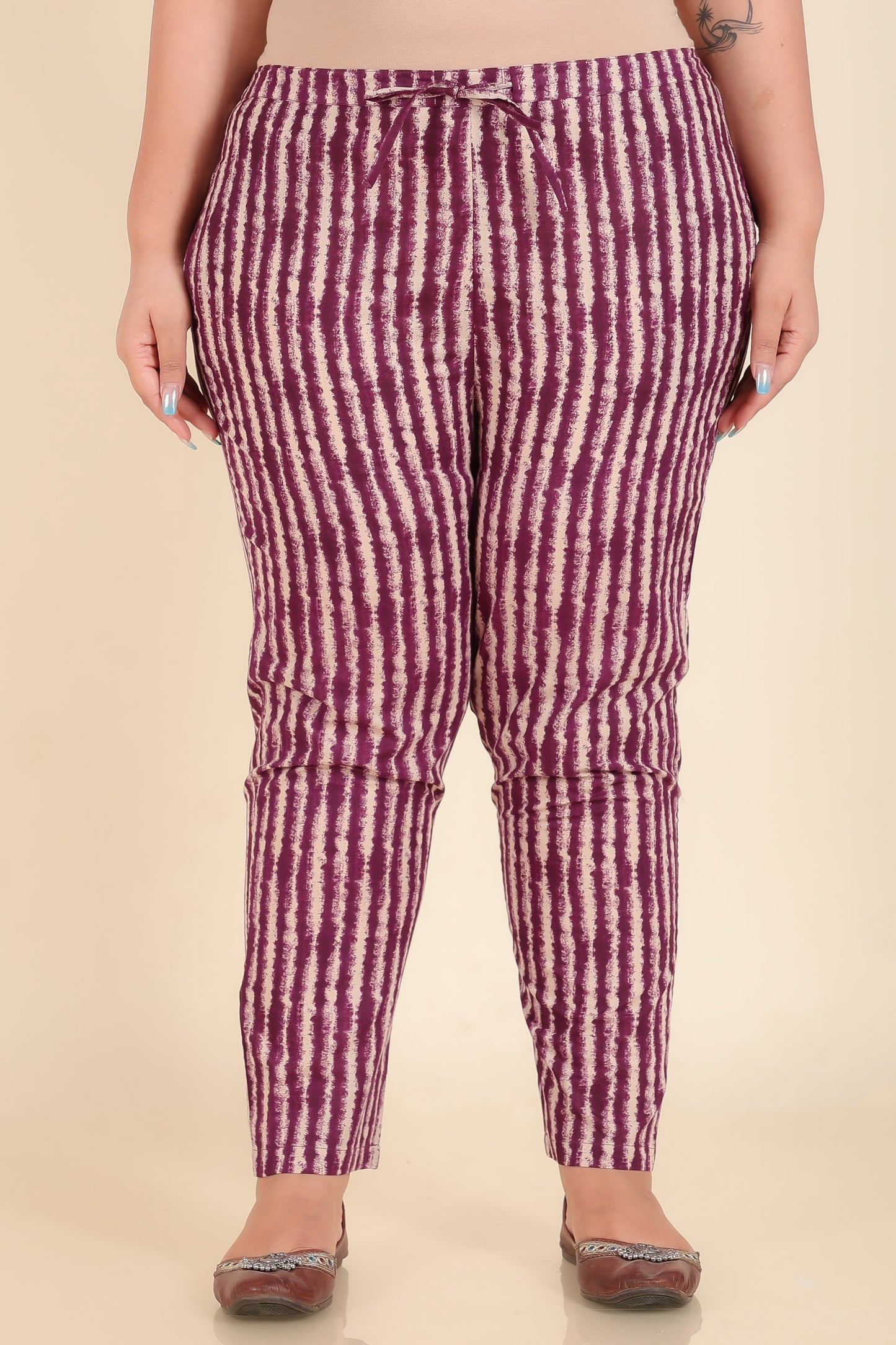 Soft Cotton Striped Purple Tapered Trousers