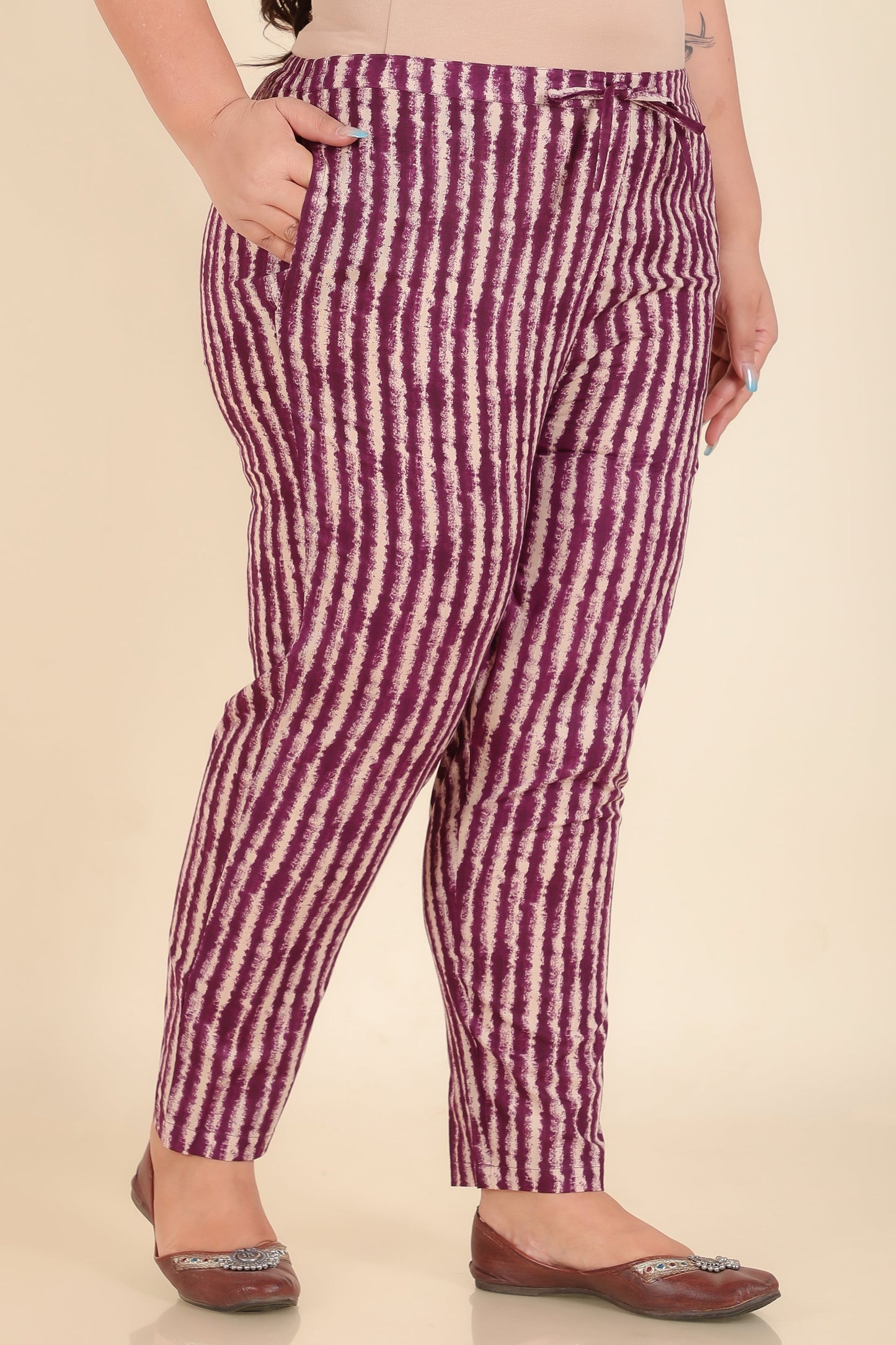 Soft Cotton Striped Purple Tapered Trousers
