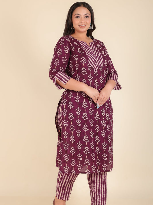 Soft Cotton Gold foil Straight Purple Kurta