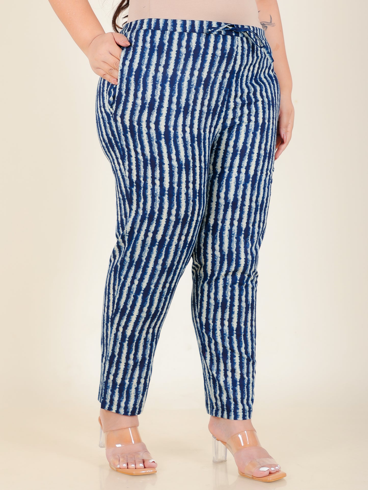 Soft Cotton Striped Blue Tapered Trousers
