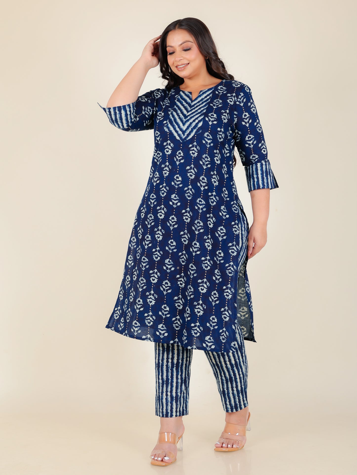 Soft Cotton Floral Straight Blue Kurta