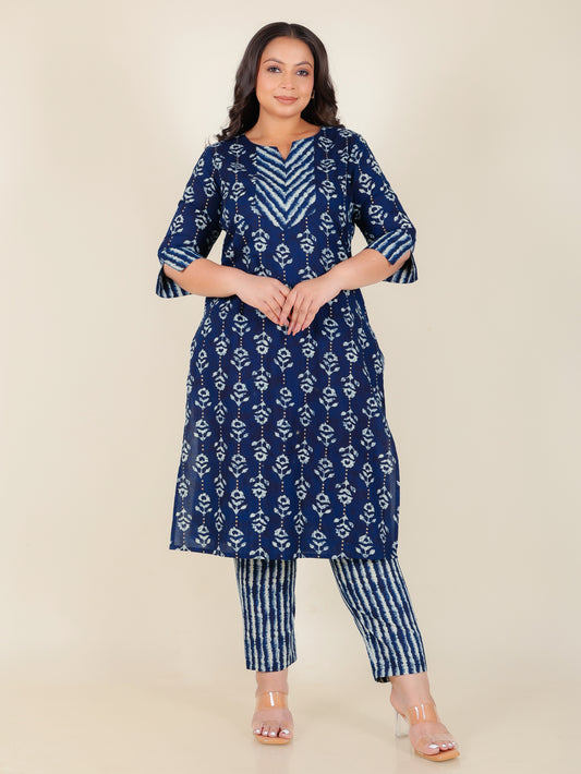 Soft Cotton Floral Straight Blue Kurta