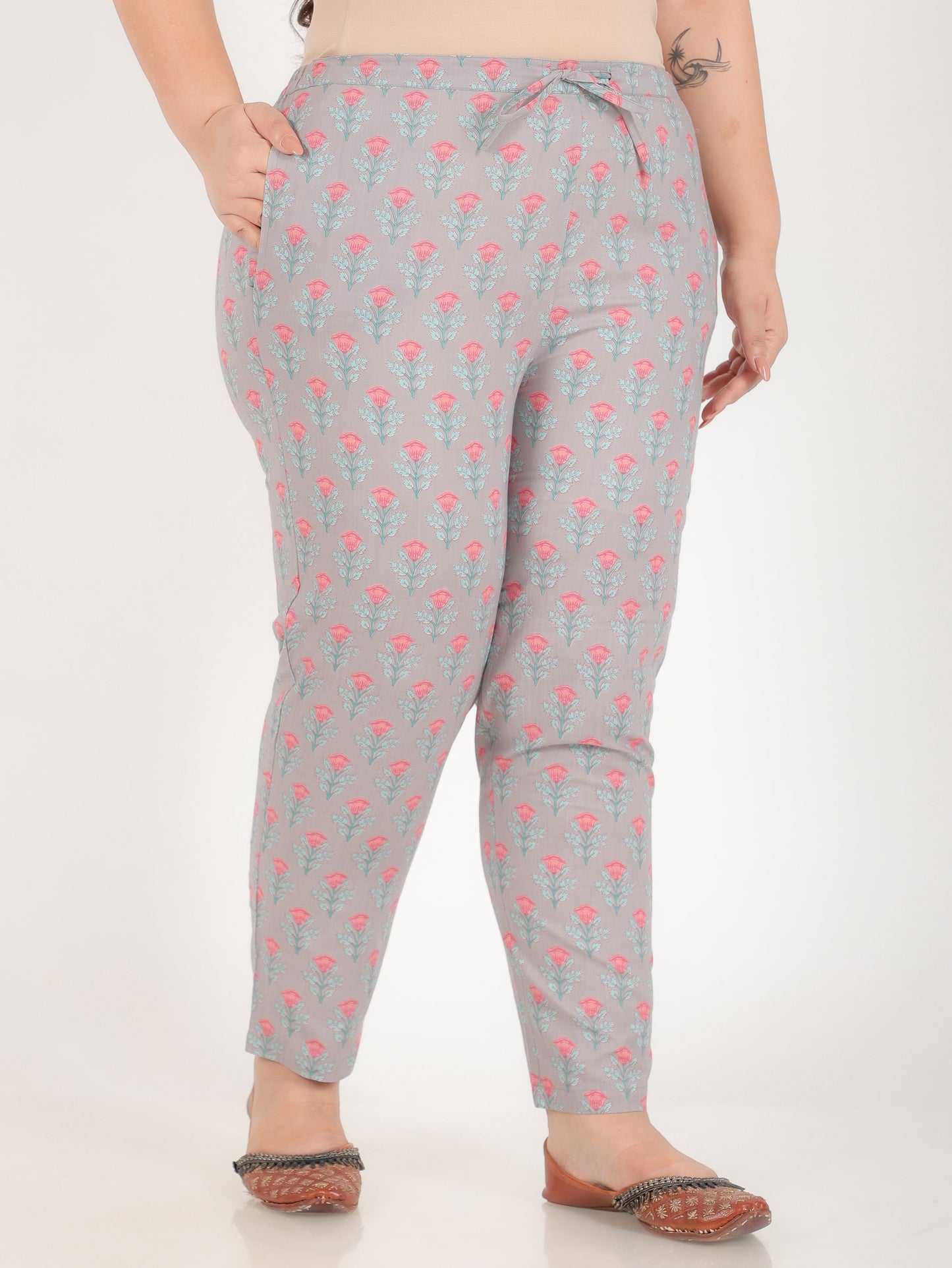 Soft Cotton Floral Grey Tapered Trousers