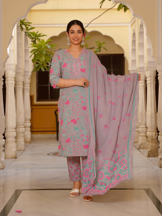Cotton Voile Floral Grey Dupatta