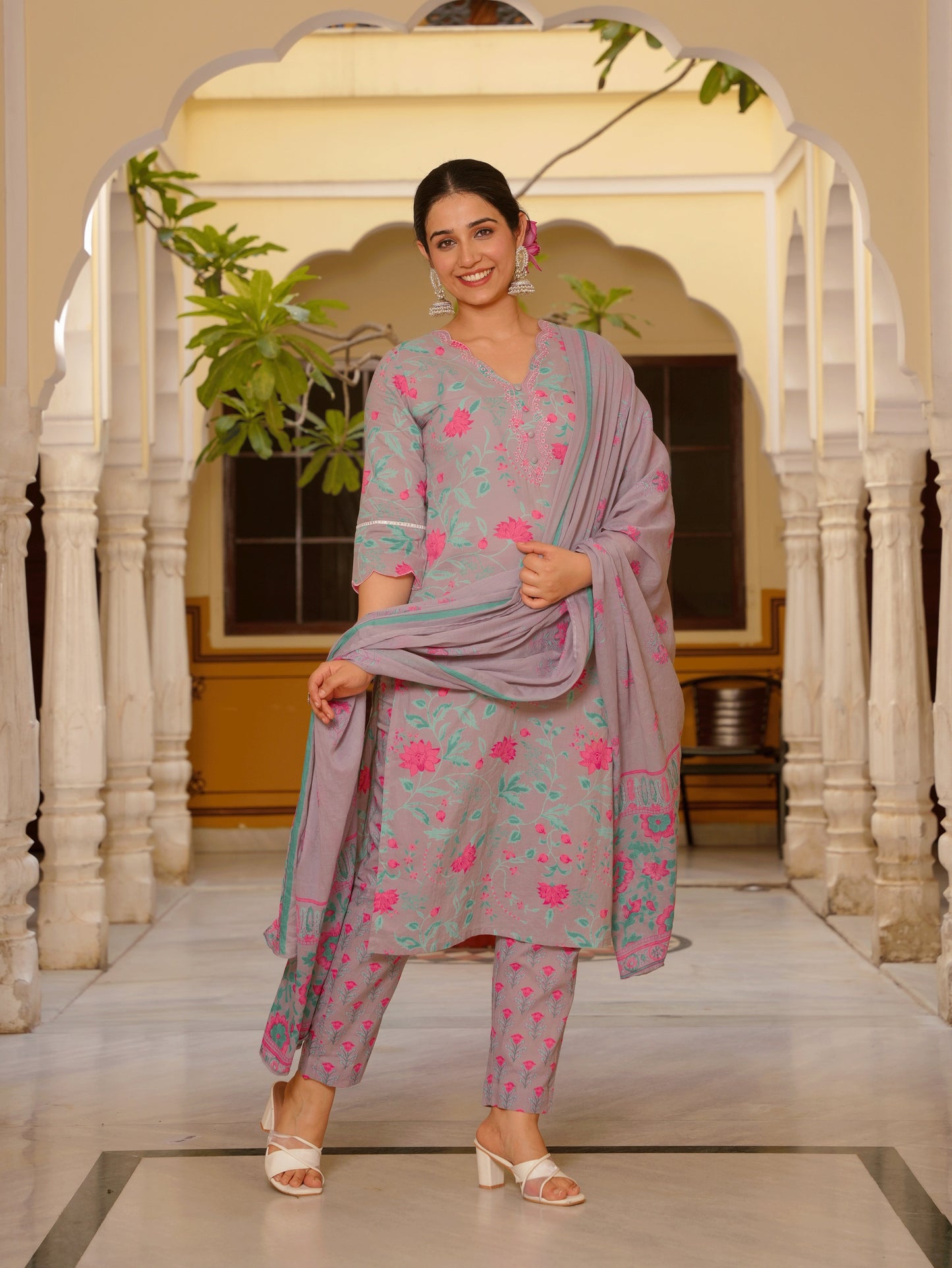 Cotton Voile Floral Grey Dupatta